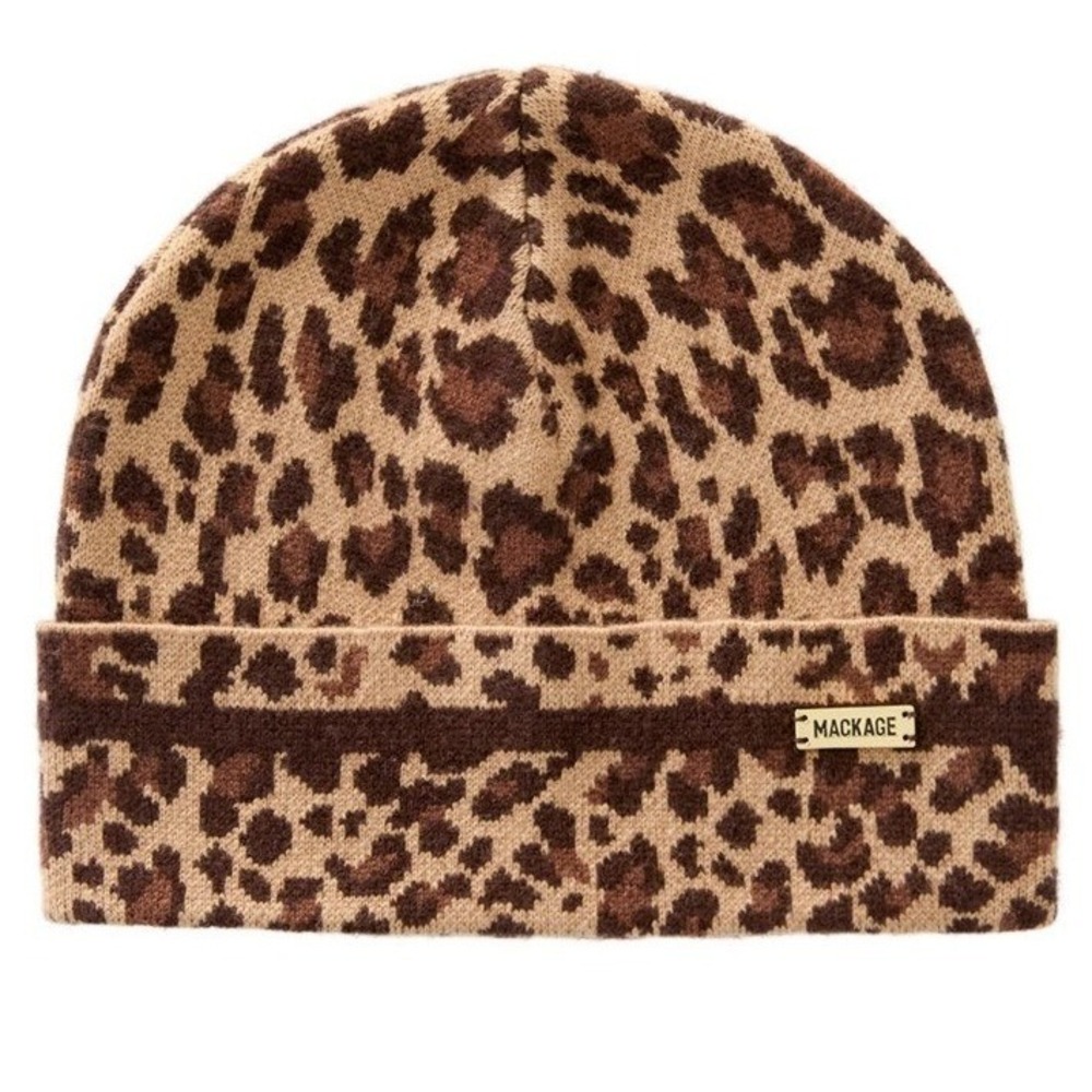 Mackage Women Kiko-A Beanie OS Leopard Print Knit Toque Hat Luxury Chic Warm NWT